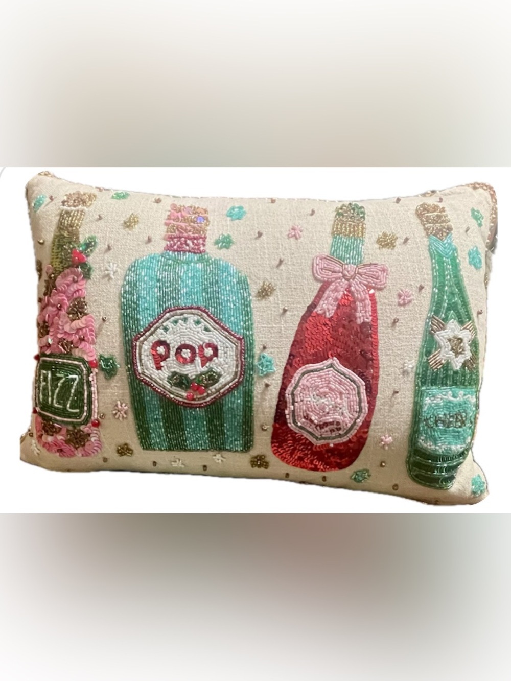 Cynthia Rowley Holiday Bottle Sequin Embroidered Decorative Pillow - Green & Red